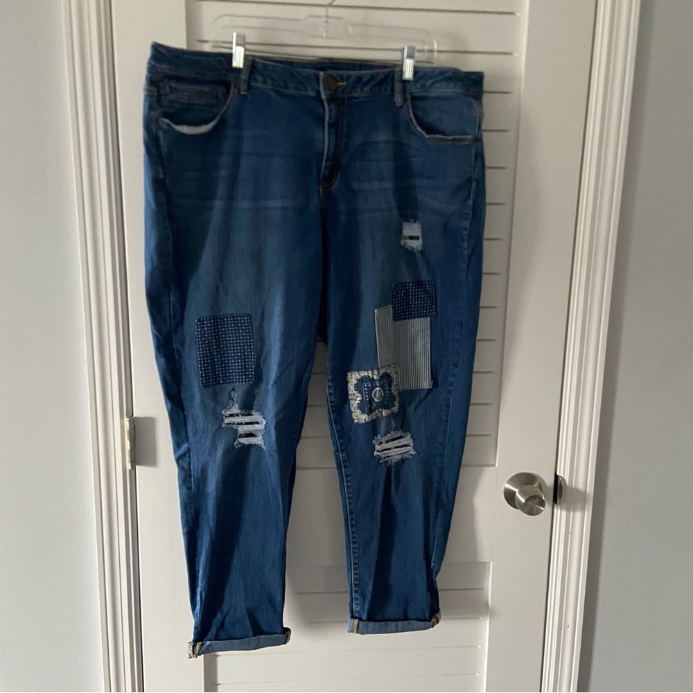 Lane Bryant Distressed Patchwork Blue Denim Jeans Low Rise Boyfriend Size 22